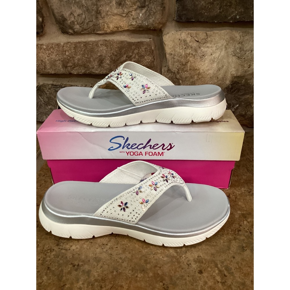 Skechers Summits Incomparable White Multi Rhinestone Floral Yoga Foam Sandals 8
